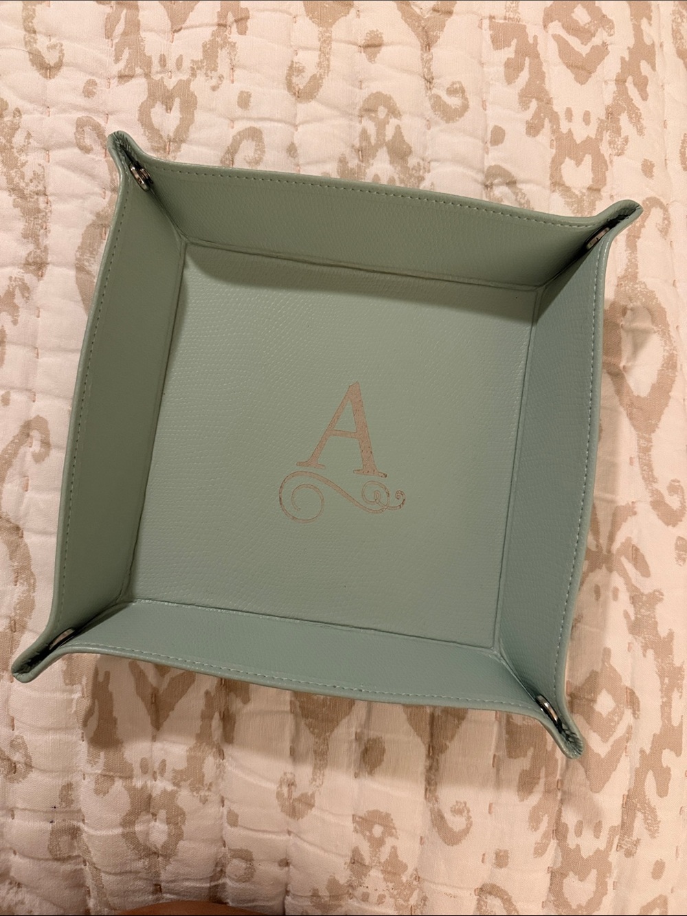Pottery Barn Faux Leather Catchall Tray in Mint Green Monogrammed “A”